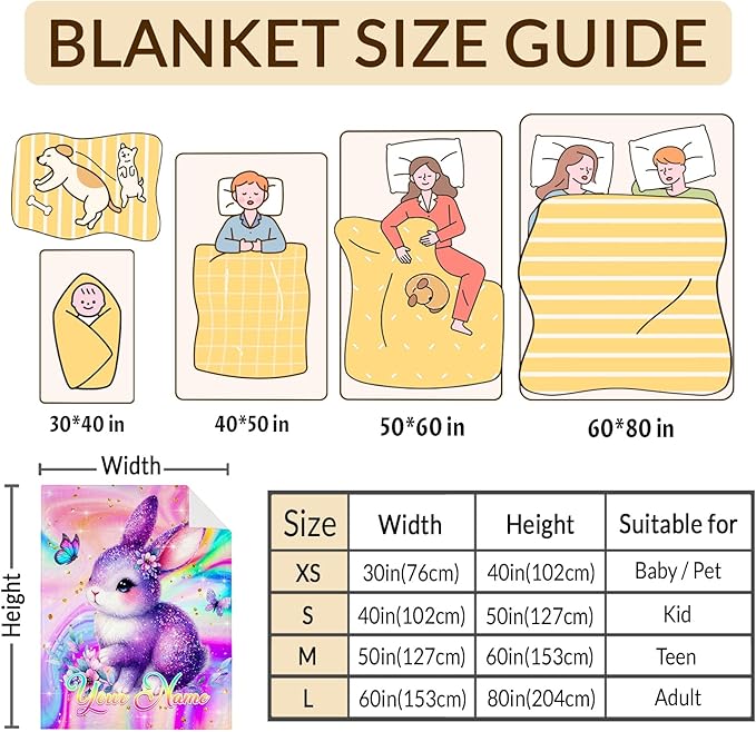 Personalized Blanket for Girls, Bunny Throw Blanket Gift for Kids Teens, Custom 80"x60" Soft Cozy Blankets for Couch Sofa Bed Travel Bedroom Decor