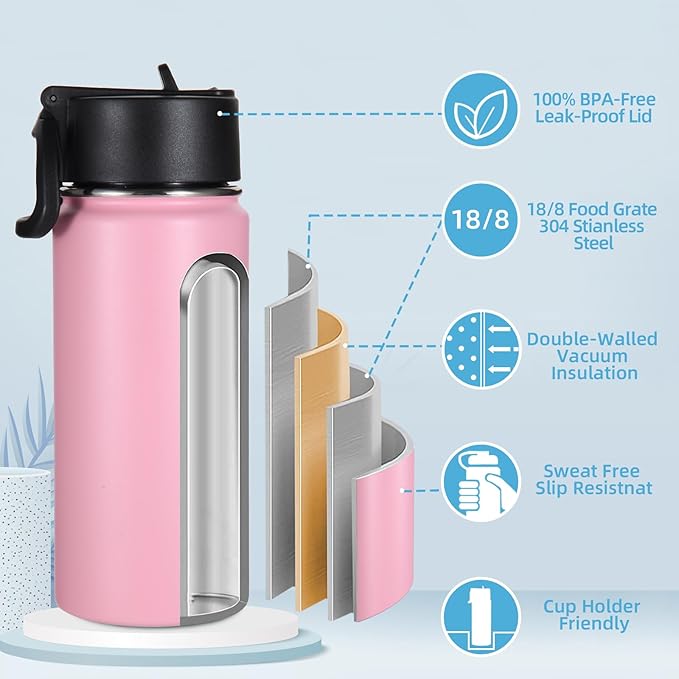 Volhoply 16 OZ Kids Water Bottle Bulk 4 Pack,Insulated Sports Bottles with Straw Lid,Stainless Steel Bottle with Handle Keep Cold & Hot,Double Wall Vacuum Tumbler Cups for School,Girls(Pink, 4)
