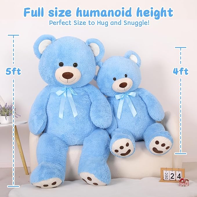 MorisMos Giant Teddy Bear Stuffed Animal 5ft, Large Stuffed Teddy Bear with Footprints, Life Size Big Blue Teddy Bear Plush Gifts for Wife, Girlfriend, Women on Valentine, Christmas, Baby Shower