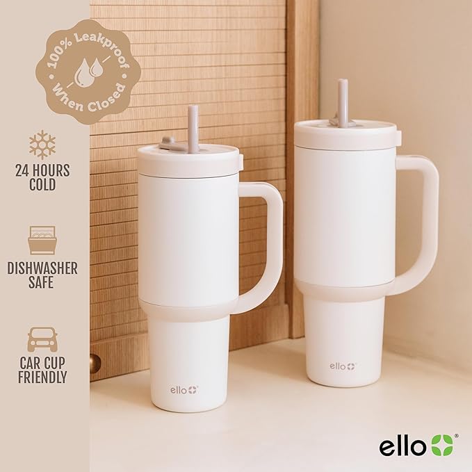 Ello Oasis 30 oz Tumbler with Handle & Retracting Straw | Reusable Insulated Stainless Steel Cup 100% Leakproof, Gifts for Teens Women Men | Keeps cold for 24 Hours, Cup Holder Friendly, Cream Tonal