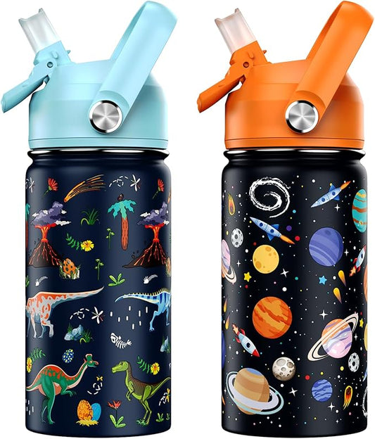 14oz Kids Insulated Water Bottle with Straw Lid - 18/8 Stainless Steel Kid Cup Travel Tumbler Double Wall Vacuum Leak Proof Portable Toddler Water Bottle (Space + Dinosaur)