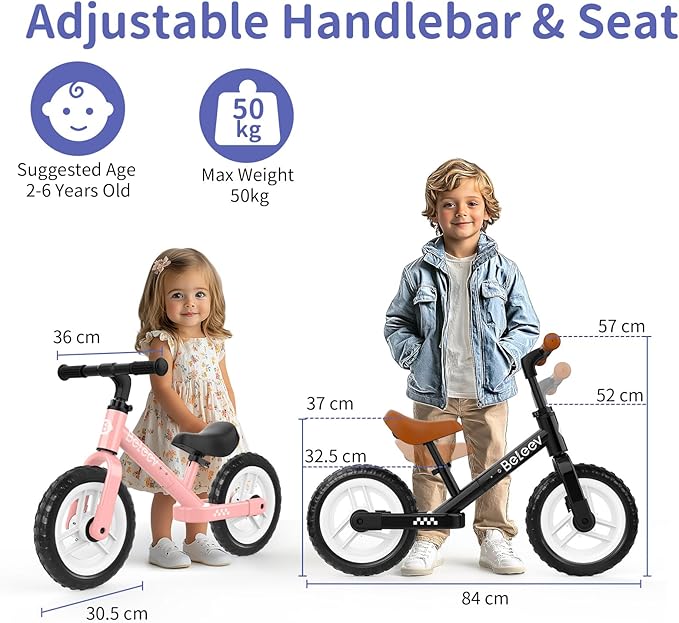 BELEEV C2 Toddler Balance Bike for 2-5 Year Olds with LED Light-Up Wheels, Adjustable Seat & Handlebar & Footrest, 12 inch No-Pedal Training Kids Push Bicycle - First Birthday Gift for Boys & Girls