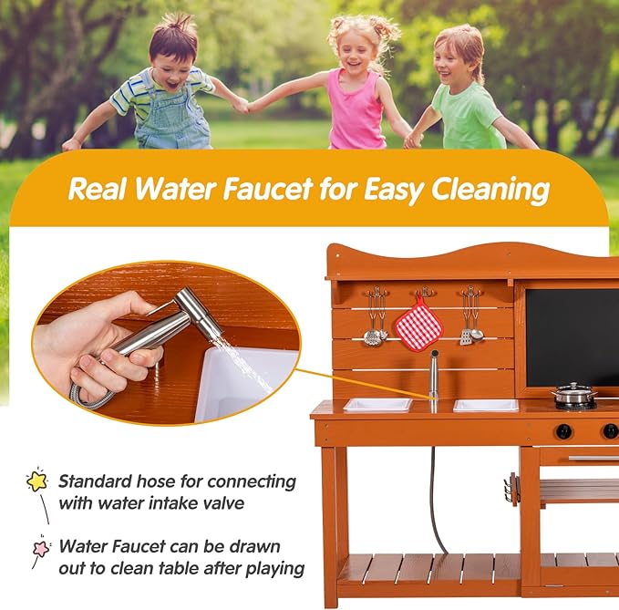 Kitchen Playset for Kids, Outdoor Wooden Mud Kitchen Set w/2 Removable Sinks & Spray Pipe, Backyard Garden Toddler Pretend Play Kitchen w/Blackboard, Kitchenware, Stove, Gift for Boys Girls