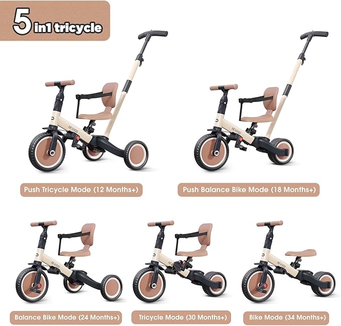 newyoo Toddler Tricycle with Push Handle for 1-3 Year Old, Toddler Bike, Birthday Gift and Toy for Boys and Girls, 5 in 1 Kids Trike, Balance Bike with Backrest and Safety Belt, Khaki, TR007
