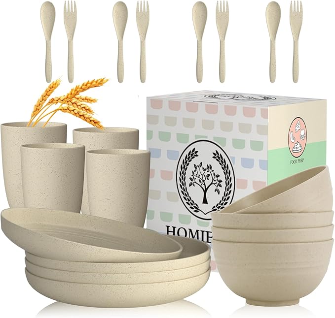 Homienly Wheat Straw Dinnerware Sets, 20pcs Lightweight Unbreakable Dinnerware, Microwave Dishwasher Safe Bowls Cups Forks Spoons set,Perfect for Camping Outdoor, Beige