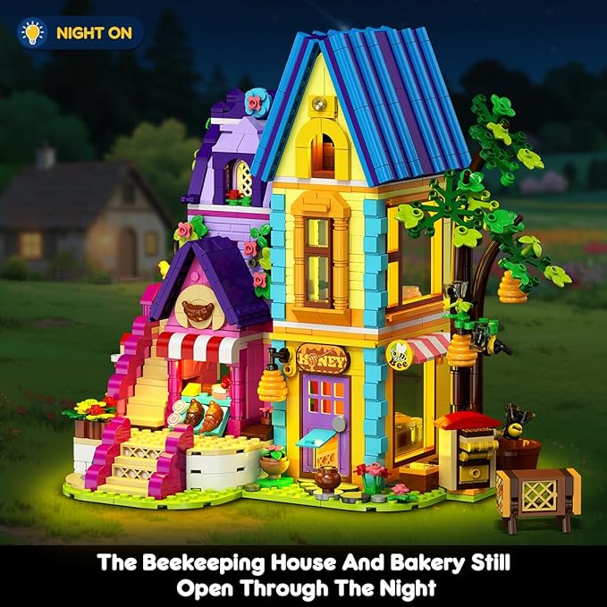 HOGOKIDS Beekeeping & Bakery House Building Toy with LED Light - 1084PCS Friends Girls Baking Building Set with Honey Workshop, Pretend Play Birthday for Kid Girls Boys Ages 8-12+ Years
