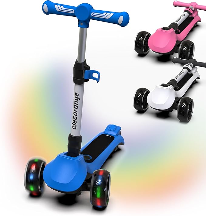 Elecorange T200/T500 Balance Electric Scooter for Kids Age 4-9, 2 Types Front Wheels, Electric Horn, Full Body Lights Up, Wide Deck, 5Mph Safe Speed, 70min Riding, Foldable Kick Scooter Boys & Girl