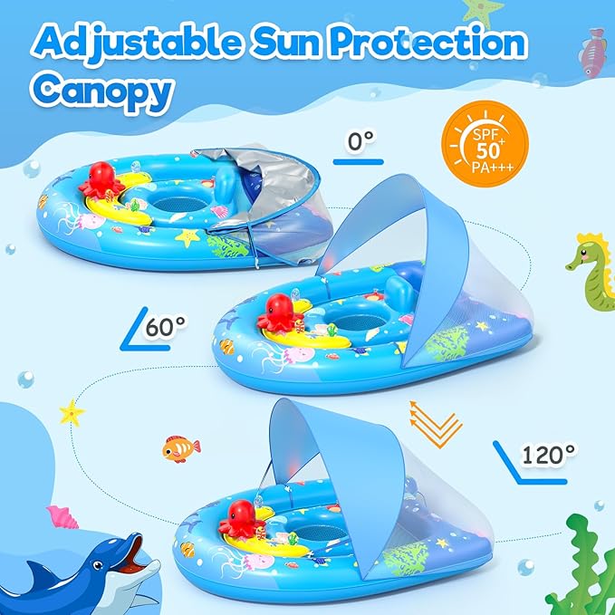 Sunrad Baby Pool Float with Canopy UPF50+ Sun Protection, Inflatable Baby Swim Float with Toy Play Console & Adjustable Safety Seat, Toddler Infant Pool Floaties for 6-36 Months