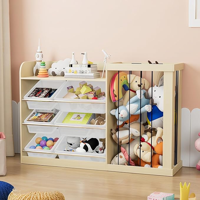 Naches Kids Toy Organizer and 4-Tier Montessori Bookshelf with 6 Bins, 3-in-1 Toy Shelves and Stuffed Animal Storage for Playroom, Nursery, Baby Room (Burlywood)
