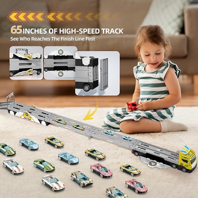 65-Inch Race Car Tracks and 20 Car Toys for Kids Boys Toddlers, Boy Toddler Toys Trucks for 3 4 5 6 7 8 Years Old Kids with Lights Sounds, Truck Toys Gift for 3 4 5 6 7 8 Years Old Boys Girls