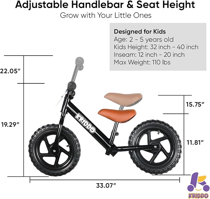 KRIDDO Toddler Balance Bike 2 Year Old,12 Inch Push Bicycle with Customize Plate (3 Sets of Stickers Included), Steady Balancing, Gift Bike for 2-5 Boys Girls, Black
