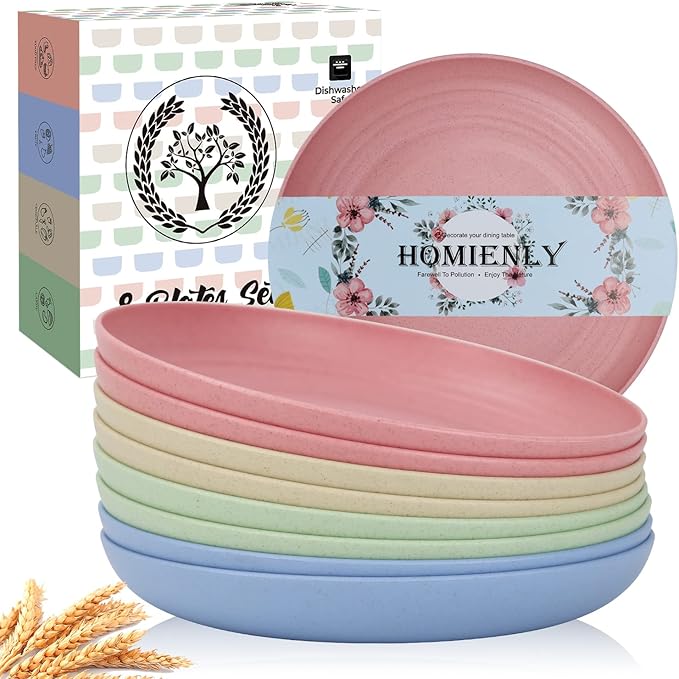 Homienly Deep Wheat Straw Dinner Plates Set of 8, Alternative to Plastic - Microwave & Dishwasher Safe, Unbreakable Kids Plates with 4 Colors (Fresh Light, 10 inch)