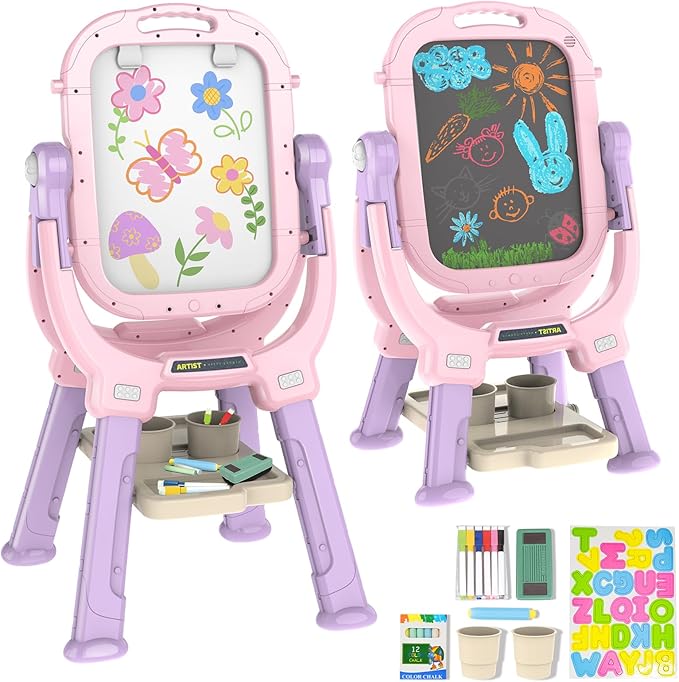 Easel for Kids, Toddler Art Easel Adjustable Standing, Magnetic Double Sided Easel with Painting Accessories, Birthday Gift for Girls Age 3+