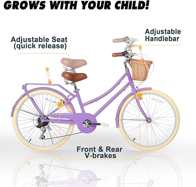 Glerc 20 24 26 Inch Beach Cruiser Bike, 6-Speed Hybrid City Bicycle for Girls Youth and Over 6 Years Old, Missy Bike with Wicker Basket & Lightweight, Multiple Colors