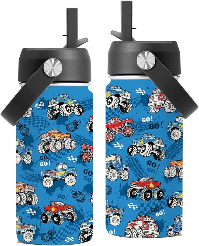 Trucks Gifts for Boy Truck Lovers, 16 oz Water Bottles with Straw Lid, Stainless Steel Insulated Tumbler, Truck Cup Gifts for Birthday Christmas