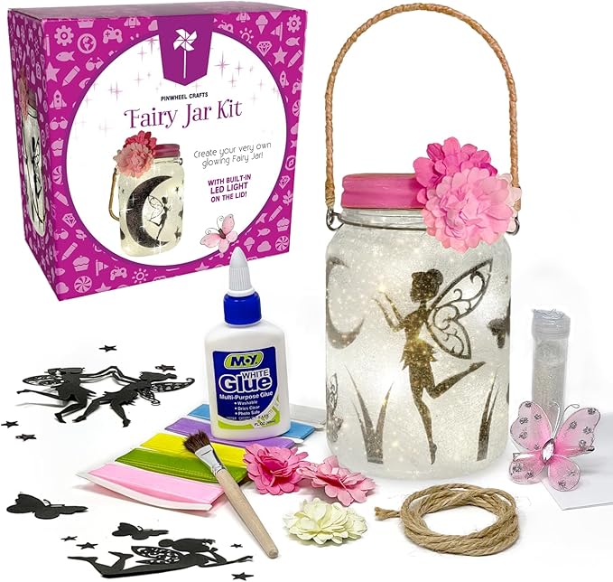 Pinwheel Crafts Fairy Lantern Toy for Kids Age 6-8 8-12+ Years - Make Your Own Night Light - Fairy Jar Gift for Girls with Led Light - Arts and Crafts Kit for Kids
