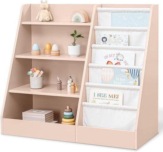Comfy Cubs Kids Bookshelf 35.2 x 15.7 x 31.5 Inches - Sturdy MDF Montessori Book Shelf with Soft & Hard Shelves for Toys & Books - Child-Friendly, Easy Access Storage Organizer for Kids - Blush