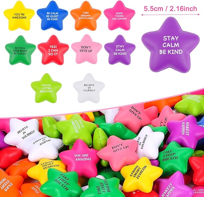 100PCS Bulk Star Stress Balls for Adults & Kids - Motivational Quotes Soft Foam Stress Relief Squeeze Toys, Fidget Anxiety & Anger Relief at Work/School/Home, Perfect Party Favors (Multi-Color)