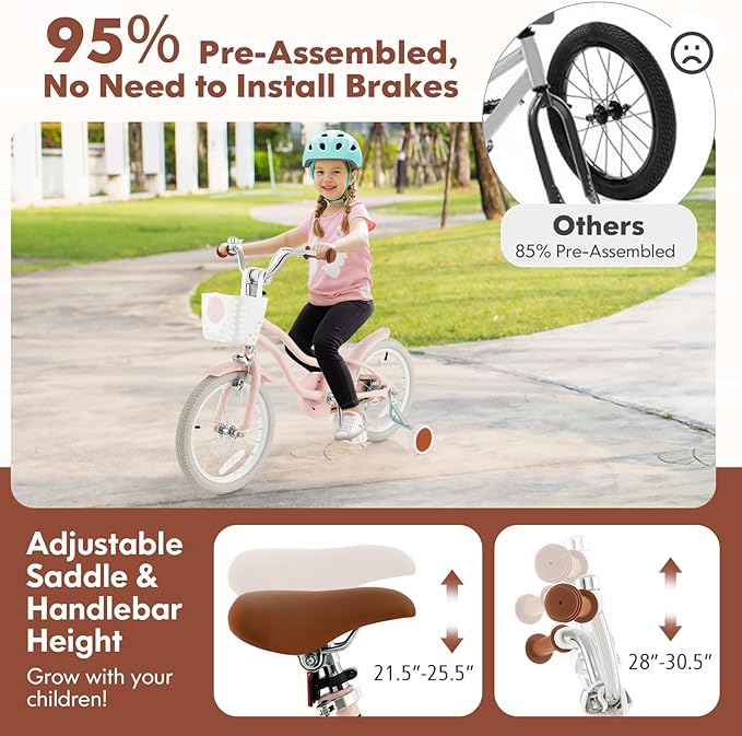 COSTWAY Kids Bike, 12 14 16 18 Inch Toddler Bike Children Bicycle w/Training Wheels, Hand & Coaster Brakes, Adjustable Saddle & Handlebar, Basket, Bell, Kids Bicycle for Girls Boys Aged 3-8 Years Old