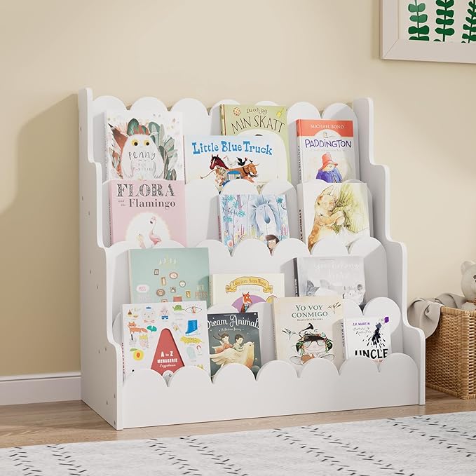 NACHES Kids Bookshelf Wooden 4 Tier Scalloped Bookshelf Toddler Montessori Bookcase Children Front Facing Display Book Shelves for Nursery Kids Room Reading Room Bedroom Classroom