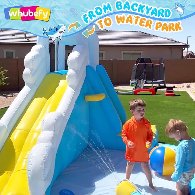 ROOJER Inflatable Water Slide Park for Kids Backyard 12-in-1 Blow Up Narwhal Spray Slide with 480W Blower, Splash Pool, Climbing Wall, Water Cannon, Basketball Hoop for Summer Outdoor Play Party Gift