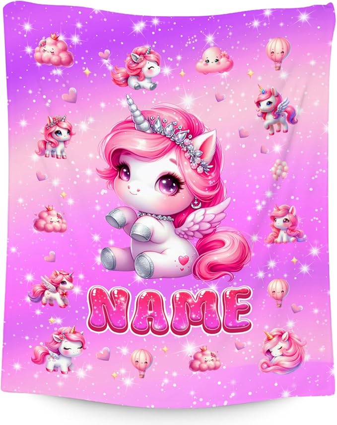 Unicorn Blanket for Girls - Personalized Kids Blankets Gift - Soft Flannel Throw for Couch, Sofa Bed, 4 Size