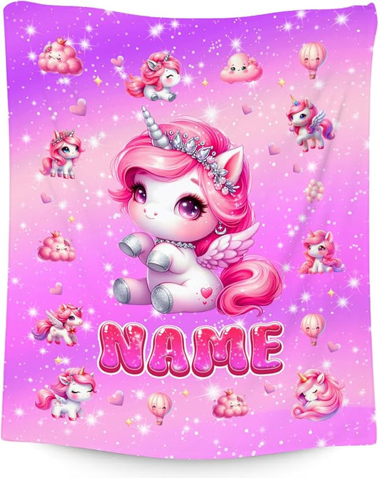 Unicorn Blanket for Girls - Personalized Kids Blankets Gift - Soft Flannel Throw for Couch, Sofa Bed, 4 Size