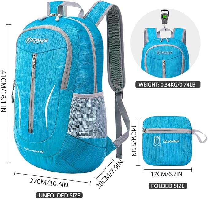 ZOMAKE 25L Ultra Lightweight Packable Backpack, Foldable Hiking Backpacks Water Resistant Small Folding Daypack for Travel(Light Blue)