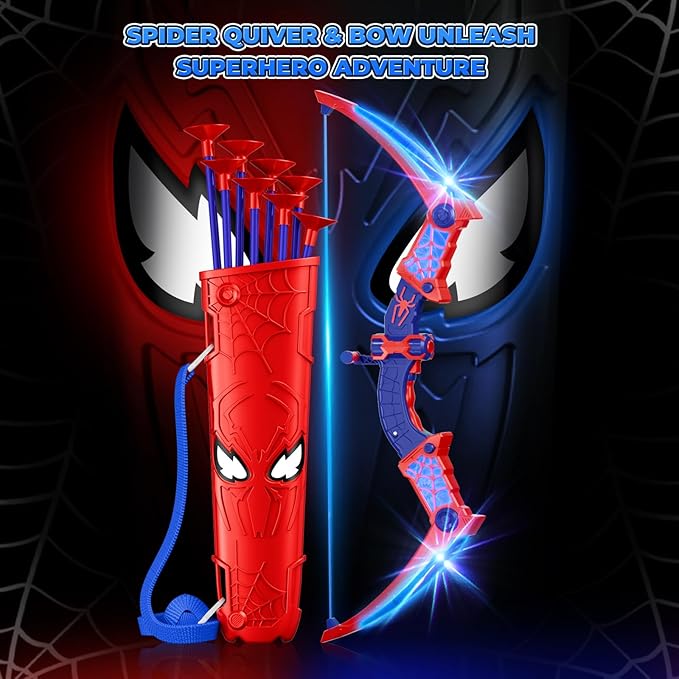 Spider Toys for Boys Age 3-4 4-6 6-8 8-12, Kids Toy BowArrow Shooting Set with Red & Blue LED Lights, Spider Quiver & Web Target, 8 Suction Cup Arrows, Toys Gifts for 3 4 5 6 7 8 9 10 12 Year Old Boys