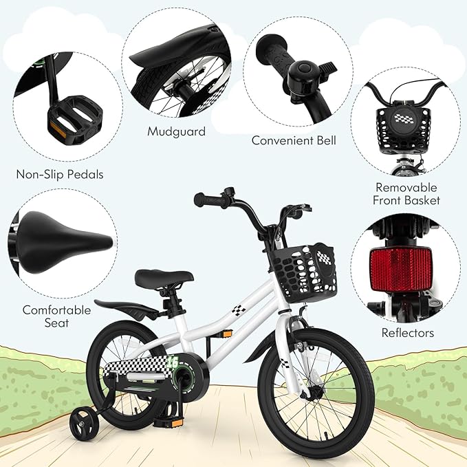 COSTWAY Kids Bike, 12 14 16 18 Inch Toddler Bike for Boys & Girls Aged 3-8 Years Old, Kids Bicycle w/Removable Training Wheels, Handbrake & Coaster Brake, Basket, Bell