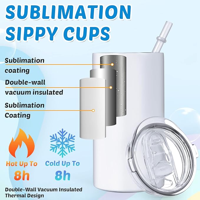12 Sets 12 oz Sublimation Blanks Sippy Cups for Toddlers Insulated Stainless Steel Kids Sublimation Tumbler Cups with Lids and Straws, 2 Heat Tape, 12 Polymer Thermal Transfer Coating, Coaster, Brush