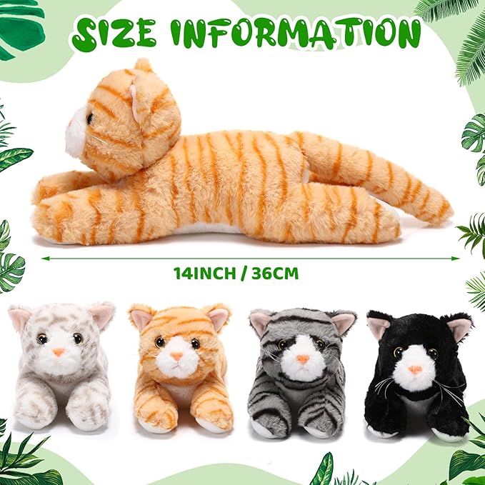 Libima 4 Pcs 14 Inch Cat Stuffed Animals Bulk, Halloween Christmas Stuffers Soft Cuddly Kitten, Smitten Kittens, Assorted Fluffy Stuffed Cats for Kiddos Birthday Gift Pet Party Favors (Lying Style)