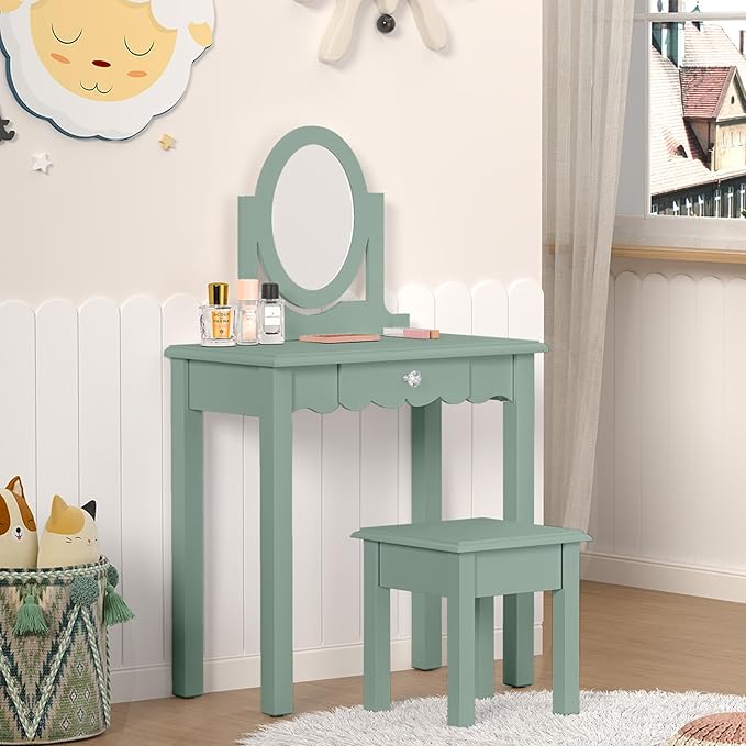 HLR Kids Vanity,Little Girls Vanity Set with Mirror and Stool,Wooden 2 in 1 Princess Makeup Desk Dressing Table with Detachable Top, Toddler Vanity Dresser Set with Drawer for Little Girls,Green