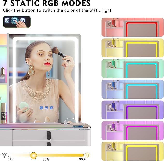 HNEBC Vanity with LED Mirror, Glass Top Dresser with Wireless Charging Station for Bedroom, Small Makeup Desk with 6 Drawers, Girls Dressing Table with Auto RGB Lighted for Christmas (85011-White)