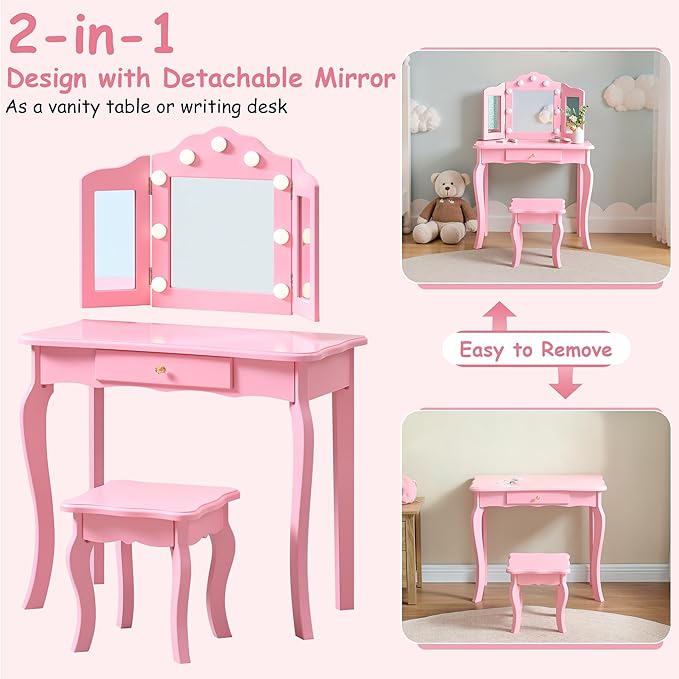 Kids Vanity with Lights, Princess Makeup Vanity Desk with Mirror and Stool, 2 in 1 Wooden Toddler Vanity Table & Chair Set for Little Girls