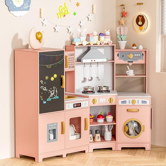 MAMIZO Wooden Corner Play Kitchen, Large Ultimate Interactive Toddler Pretend Kids Kitchen Playset with Blackboard, Stove & Range Hood w/Light & Sound, Ice Maker, Washing Machine, 6 Toy Set (Pink)