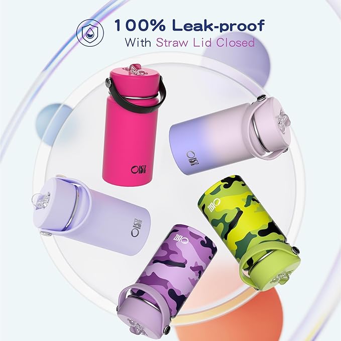 Kids Water Bottle with Straw Lid 14oz, Vacuum Insulated 316 Stainless Steel Water Bottles for Kids for School, Leakproof Water Bottle, BPA Free and Keep Cold for 24 Hours