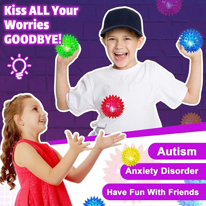Sensory Light Up Bouncy Balls - Sensory Toys for Kids with Autism Toys for 3-4 5-7 8-12 Gifts for Boys Girls Spiky Stress Balls Novelty Noisemaker Toys Stocking Stuffers for Grandkids