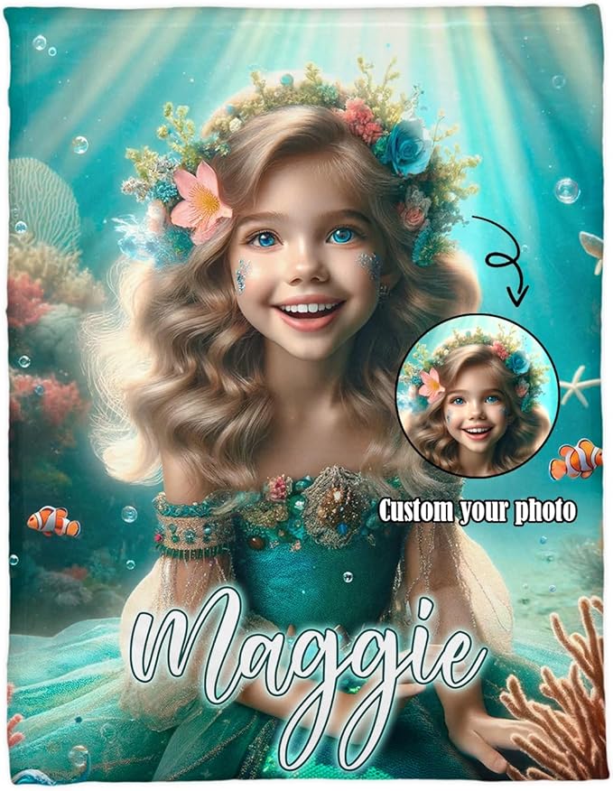 Zocoshi Custom Little Mermaid Blanket Personalized Gift for Daughter, Little Mermaid Birthday Surprise, Blanket for Her, Kids Custom Face Gifts