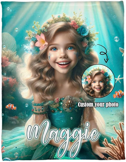 Zocoshi Custom Little Mermaid Blanket Personalized Gift for Daughter, Little Mermaid Birthday Surprise, Blanket for Her, Kids Custom Face Gifts