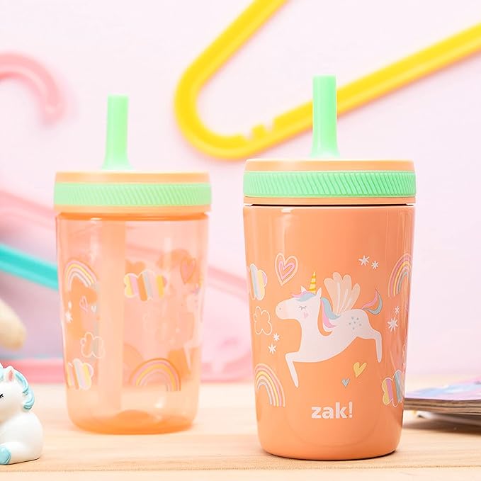 Zak Designs Unicorn Kelso Tumbler Set,Leak-Proof Screw-On Lid with Straw, Bundle for Kids Includes Plastic and Stainless Steel Cups with Bonus Sipper, 3pc Set, Non-BPA