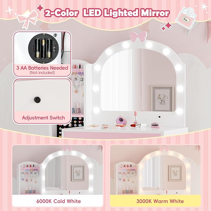 MU Kids Vanity, Girl Vanity Set with Mirror and Chair, 2 in 1 Toddler Makeup Vanity Table with Jewelry Storage, Wooden Princess Makeup Desk Dressing Table for Little Girls, White