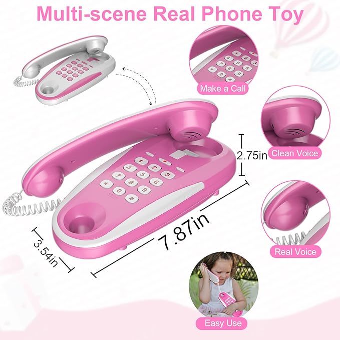Kids' Play Phone with Real Ring Sounds, Pretend Play Telephone, 23 ft Ultra-Long Phone Line for Chatting and Learning, Toddler Communication Skill Toys, Gift