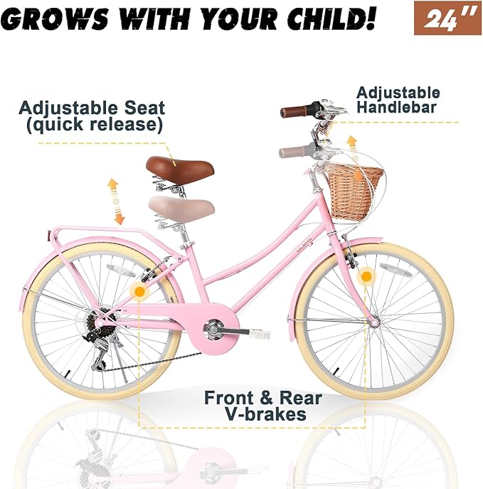 Glerc 20 24 26 Inch Beach Cruiser Bike, 6-Speed Hybrid City Bicycle for Girls Youth and Over 6 Years Old, Missy Bike with Wicker Basket & Lightweight, Multiple Colors