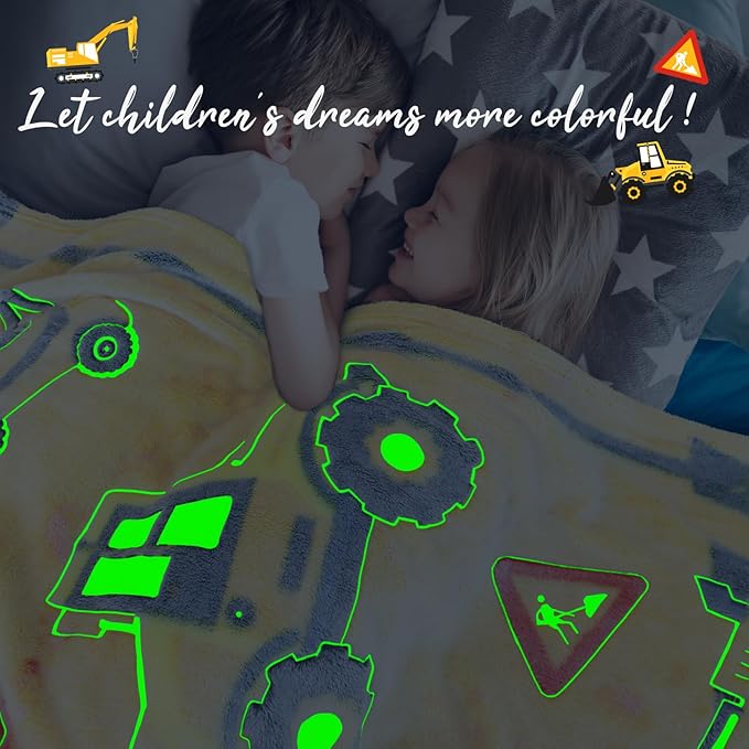 REXEO Tractor Blanket Glow in The Dark Truck Blanket for Kids Cute Soft Excavators Throw for Boys Fleece Construction Toddler Boy Birthday Gifts for Kids