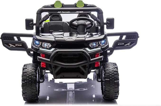 24V UTV 2 Seater Dump Truck with Remote Control, Electric Dump Bed, 4WD Power Ride on Truck Cars 6x6 Wheels, Music, Storage Trunk, Shovel for Kids-Black