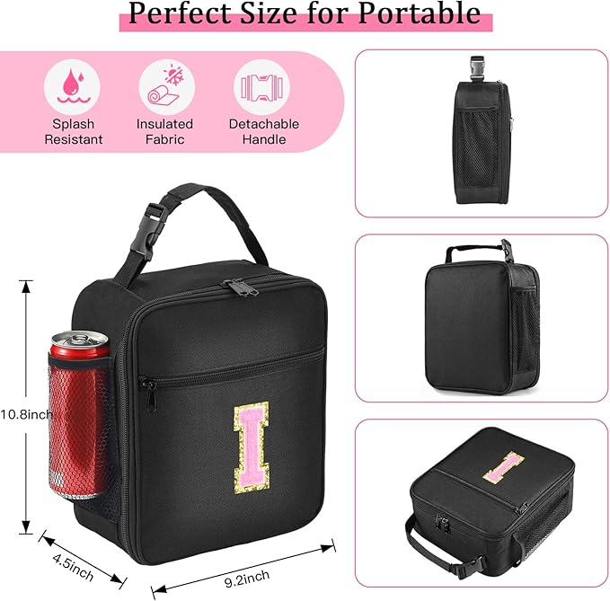 Initial Insulated Lunch Bag, Lunch Box with Initial Letter Patch for Teen Adult, Reusable Lunch Bag for Men Women, Ideal Back to School Gift Birthday Gift, Pink I