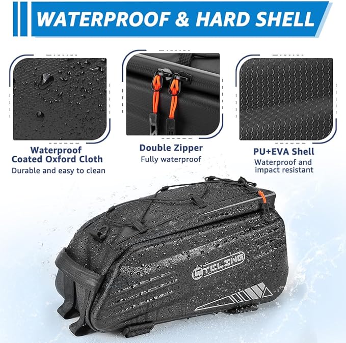 WOTOW Bike Rear Rack Bag - 10L Hard Shell Waterproof Bike Trunk Pannier with Shoulder Strap, Reflective Bicycle Rear Rack Saddle Seat Bag for Travel Outdoor Cycling Ebike Accessories