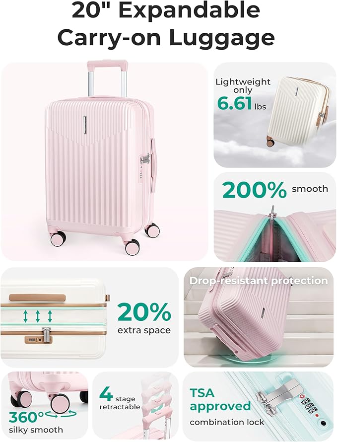 BAGSMART Carry On Luggage 22x14x9 Airline Approved with Spinner Wheels,100% PC Hardside Expandable Luggage with TSA Lock for Trips, 20 Inch Rolling Suitcases for Men Women,Pink