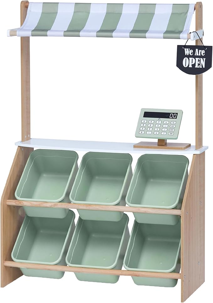 Teamson Kids Little Helper Wooden Farmer's Market Stand with Pretend Cash Register and 6 Plastic Storage Bins, Green, TD-13638A-AMZ